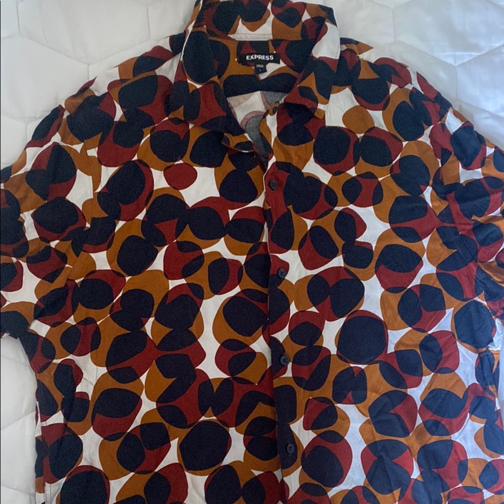 Express Black and Red Casual Button Down Shirt with Geometric Pattern